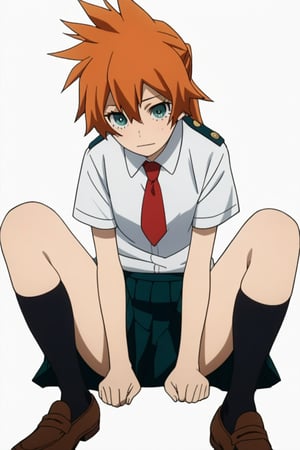 score_9, score_8_up, score_7_up, score_6_up, score_5_up, score_4_up, BREAK, , 1girl, Kendo, orange hair, green eyes, u.a. school uniform, white shirt, red necktie, kneehighs, brown footwear, sitting, legs spread,

,(( white background, blank background))