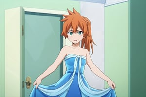 score_9, score_8_up, score_7_up, score_6_up, score_5_up, score_4_up, BREAK, , 1girl, Kendo, orange hair, green eyes, pageant dress, blue dress, strapless, standing, 