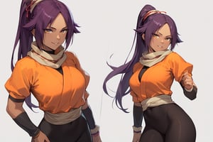 score_9,score_8_up,score_7_up,score_6_up,score_5_up,score_4_up, 

ShihouinYoruichi, dark-skinned female

Default Outfit (orange one):

YoruichiDefault, dark-skinned female, dark-skinned female, long hair, high ponytail, hair tie, scarf, orange shirt, arm warmers, sash, black bodysuit