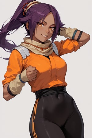 score_9,score_8_up,score_7_up,score_6_up,score_5_up,score_4_up, 

ShihouinYoruichi, dark-skinned female

Default Outfit (orange one):

YoruichiDefault, dark-skinned female, dark-skinned female, long hair, high ponytail, hair tie, scarf, orange shirt, arm warmers, sash, black bodysuit