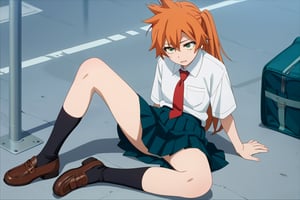 score_9, score_8_up, score_7_up, score_6_up, score_5_up, score_4_up, BREAK, , 1girl, Kendo, orange hair, green eyes, u.a. school uniform, white shirt, red necktie, kneehighs, brown footwear, sitting, legs spread