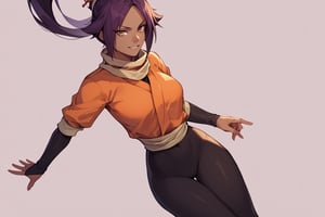 score_9,score_8_up,score_7_up,score_6_up,score_5_up,score_4_up, 

ShihouinYoruichi, dark-skinned female

Default Outfit (orange one):

YoruichiDefault, dark-skinned female, dark-skinned female, long hair, high ponytail, hair tie, scarf, orange shirt, arm warmers, sash, black bodysuit