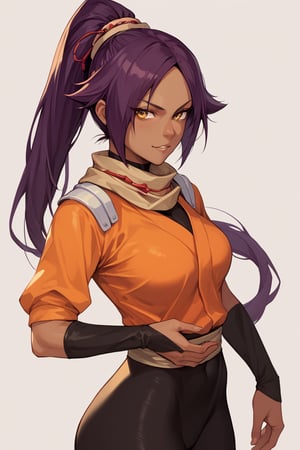 score_9,score_8_up,score_7_up,score_6_up,score_5_up,score_4_up, 

ShihouinYoruichi, dark-skinned female

Default Outfit (orange one):

YoruichiDefault, dark-skinned female, dark-skinned female, long hair, high ponytail, hair tie, scarf, orange shirt, arm warmers, sash, black bodysuit