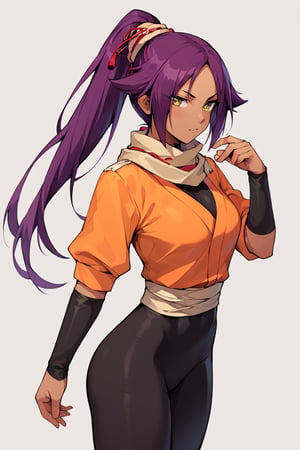 score_9,score_8_up,score_7_up,score_6_up,score_5_up,score_4_up, 

ShihouinYoruichi, dark-skinned female

Default Outfit (orange one):

YoruichiDefault, dark-skinned female, dark-skinned female, long hair, high ponytail, hair tie, scarf, orange shirt, arm warmers, sash, black bodysuit