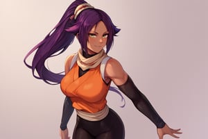 score_9,score_8_up,score_7_up,score_6_up,score_5_up,score_4_up, 

ShihouinYoruichi, dark-skinned female

Default Outfit (orange one):

YoruichiDefault, dark-skinned female, dark-skinned female, long hair, high ponytail, hair tie, scarf, orange shirt, arm warmers, sash, black bodysuit