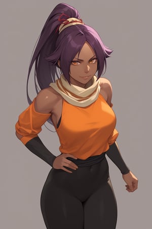 score_9,score_8_up,score_7_up,score_6_up,score_5_up,score_4_up, 

ShihouinYoruichi, dark-skinned female

Default Outfit (orange one):

YoruichiDefault, dark-skinned female, dark-skinned female, long hair, high ponytail, hair tie, scarf, orange shirt, arm warmers, sash, black bodysuit