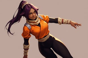 score_9,score_8_up,score_7_up,score_6_up,score_5_up,score_4_up, 

ShihouinYoruichi, dark-skinned female

Default Outfit (orange one):

YoruichiDefault, dark-skinned female, dark-skinned female, long hair, high ponytail, hair tie, scarf, orange shirt, arm warmers, sash, black bodysuit