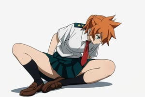 score_9, score_8_up, score_7_up, score_6_up, score_5_up, score_4_up, BREAK, , 1girl, Kendo, orange hair, green eyes, u.a. school uniform, white shirt, red necktie, kneehighs, brown footwear, sitting, legs spread,

,(( white background, blank background))