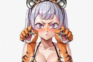 score_9, score_8_up, score_7_up, score_6_up, Masterpiece, best quality, high quality, highres, 4k, 1girl, 1girl, BREAK, Source_anime, anime screencap,
1girl, Noelle silva, silver hair, twintails, purple eyes, 

((orange tiger print bikini, orange tiger print elbow gloves, tiger print stockings, fake orange tiger tail, orange fake tiger ears hairband, fake tail)):1,

, ((close-up of face, upper body,  ,)):1

, ((White background blank background)):1
,((blackcloverxl