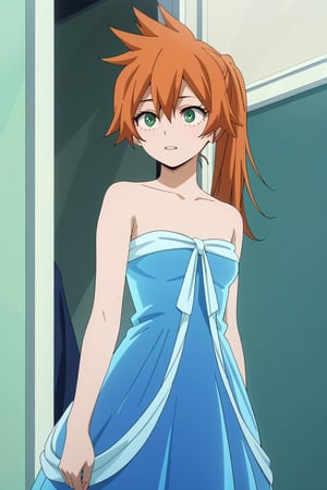 score_9, score_8_up, score_7_up, score_6_up, score_5_up, score_4_up, BREAK, , 1girl, Kendo, orange hair, green eyes, pageant dress, blue dress, strapless, standing, 