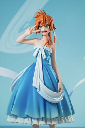 score_9, score_8_up, score_7_up, score_6_up, score_5_up, score_4_up, BREAK, , 1girl, Kendo, orange hair, green eyes, pageant dress, blue dress, strapless, standing, peace sign