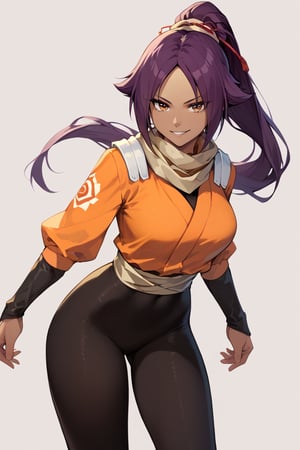 score_9,score_8_up,score_7_up,score_6_up,score_5_up,score_4_up, 

ShihouinYoruichi, dark-skinned female

Default Outfit (orange one):

YoruichiDefault, dark-skinned female, dark-skinned female, long hair, high ponytail, hair tie, scarf, orange shirt, arm warmers, sash, black bodysuit