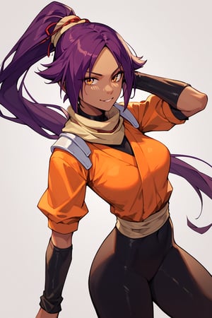 score_9,score_8_up,score_7_up,score_6_up,score_5_up,score_4_up, 

ShihouinYoruichi, dark-skinned female

Default Outfit (orange one):

YoruichiDefault, dark-skinned female, dark-skinned female, long hair, high ponytail, hair tie, scarf, orange shirt, arm warmers, sash, black bodysuit