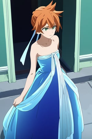 score_9, score_8_up, score_7_up, score_6_up, score_5_up, score_4_up, BREAK, , 1girl, Kendo, orange hair, green eyes, pageant dress, blue dress, strapless, standing, 