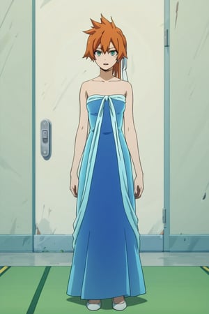 score_9, score_8_up, score_7_up, score_6_up, score_5_up, score_4_up, BREAK, , 1girl, Kendo, orange hair, green eyes, pageant dress, blue dress, strapless, standing, 