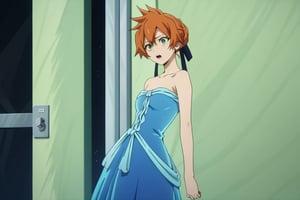 score_9, score_8_up, score_7_up, score_6_up, score_5_up, score_4_up, BREAK, , 1girl, Kendo, orange hair, green eyes, pageant dress, blue dress, strapless, standing, 