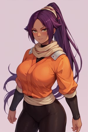 score_9,score_8_up,score_7_up,score_6_up,score_5_up,score_4_up, 

ShihouinYoruichi, dark-skinned female

Default Outfit (orange one):

YoruichiDefault, dark-skinned female, dark-skinned female, long hair, high ponytail, hair tie, scarf, orange shirt, arm warmers, sash, black bodysuit