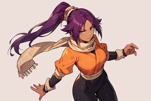 score_9,score_8_up,score_7_up,score_6_up,score_5_up,score_4_up, 

ShihouinYoruichi, dark-skinned female

Default Outfit (orange one):

YoruichiDefault, dark-skinned female, dark-skinned female, long hair, high ponytail, hair tie, scarf, orange shirt, arm warmers, sash, black bodysuit