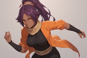 score_9,score_8_up,score_7_up,score_6_up,score_5_up,score_4_up, 

ShihouinYoruichi, dark-skinned female

Default Outfit (orange one):

YoruichiDefault, dark-skinned female, dark-skinned female, long hair, high ponytail, hair tie, scarf, orange shirt, arm warmers, sash, black bodysuit