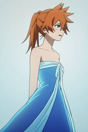 score_9, score_8_up, score_7_up, score_6_up, score_5_up, score_4_up, BREAK, , 1girl, Kendo, orange hair, green eyes, pageant dress, blue dress, strapless, standing, 