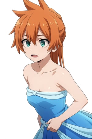 score_9, score_8_up, score_7_up, score_6_up, score_5_up, score_4_up, BREAK, , 1girl, Kendo, orange hair, green eyes, pageant dress, blue dress, strapless, 

,(( white background, blank background))