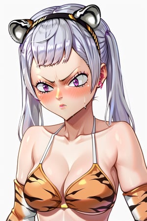 score_9, score_8_up, score_7_up, score_6_up, Masterpiece, best quality, high quality, highres, 4k, 1girl, 1girl, BREAK, source_anime, anime screencap,
((1girl, Noelle silva, silver hair, twintails, purple eyes, orange tiger print bikini, orange tiger print elbow gloves, tiger print stockings, fake orange tiger tail, orange fake tiger ears hairband, fake tail)):1,

, ((close-up of face, cowboy shot, upper body , )):1

, ((White background blank background)):1
,((blackcloverxl