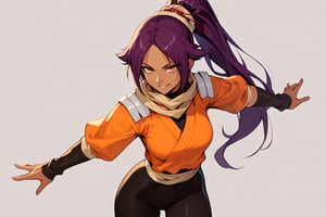 score_9,score_8_up,score_7_up,score_6_up,score_5_up,score_4_up, 

ShihouinYoruichi, dark-skinned female

Default Outfit (orange one):

YoruichiDefault, dark-skinned female, dark-skinned female, long hair, high ponytail, hair tie, scarf, orange shirt, arm warmers, sash, black bodysuit