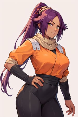 score_9,score_8_up,score_7_up,score_6_up,score_5_up,score_4_up, 

ShihouinYoruichi, dark-skinned female

Default Outfit (orange one):

YoruichiDefault, dark-skinned female, dark-skinned female, long hair, high ponytail, hair tie, scarf, orange shirt, arm warmers, sash, black bodysuit