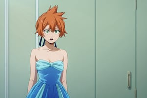 score_9, score_8_up, score_7_up, score_6_up, score_5_up, score_4_up, BREAK, , 1girl, Kendo, orange hair, green eyes, pageant dress, blue dress, strapless, standing, 