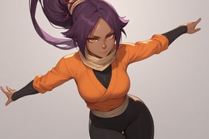 score_9,score_8_up,score_7_up,score_6_up,score_5_up,score_4_up, 

ShihouinYoruichi, dark-skinned female

Default Outfit (orange one):

YoruichiDefault, dark-skinned female, dark-skinned female, long hair, high ponytail, hair tie, scarf, orange shirt, arm warmers, sash, black bodysuit