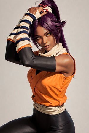 score_9,score_8_up,score_7_up,score_6_up,score_5_up,score_4_up, 

ShihouinYoruichi, dark-skinned female

Default Outfit (orange one):

YoruichiDefault, dark-skinned female, dark-skinned female, long hair, high ponytail, hair tie, scarf, orange shirt, arm warmers, sash, black bodysuit