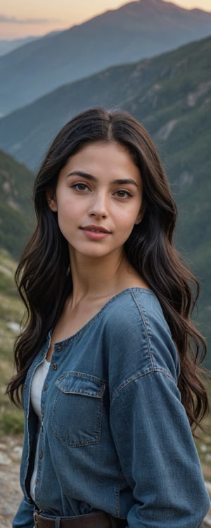 (masterpiece, best quality, ultra-detailed, 8K),high detail, realisitc detailed,
a beautiful young girl with long flowy black hair over shoulders in the dark, jeans outfits,   brown eyes, pale soft skin, kind smile, glossy lips, a serene and contemplative mood, setting on the top of the mountain, some people walking in the street. making Victory Hand Gesture,