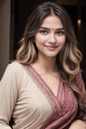 The face of an Indian woman with fair skin and brown-blonde hair. She has striking almond-shaped eyes, a straight, delicate nose, and full lips that curve into a gentle smile. Her brown-blonde hair frames her face in soft waves, with subtle highlights that catch the light. Her eyebrows are well-defined, accentuating her expressive eyes, and her complexion is clear and radiant, reflecting her natural beauty.

,SD 1.5,