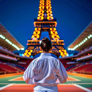 A Filipina judoka athlete stands confidently in the center of the judo ring, her uniform shining under the bright lights of the stadium. Her opponent's uniform glows equally vibrant as they engage in a tense mid-game standoff. In the distance, the iconic Eiffel Tower rises majestically against the night sky, its iron latticework glistening with a subtle sheen. The athlete's focused expression and dynamic pose capture the intensity of the match, while the majestic backdrop adds a sense of grandeur to the scene.