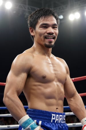 A photorealistic masterpiece captures the triumphant smile of a Filipino man who looks like Manny Pacquiao, as he competes at the 2024 Olympic Games in Paris in hyper-detailed features. The composition showcases his powerful physique, arms flexed and fists clenched, as he stands proudly in the boxing ring, surrounded by a sea of cheering fans. Text on shirt saying "Paris 2024"