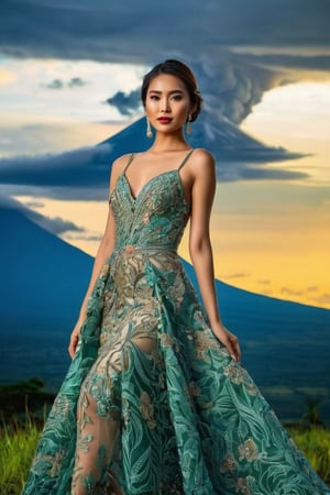 An Asian beautiful girl wearing a beautiful intricate gown, sexy pose, perfect beauty, Mayon Volcano in Philippines in the background, Detailedface, Add_More_Details