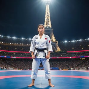 A Filipina judoka athlete stands confidently in the center of the judo ring, her uniform shining under the bright lights of the stadium. Her opponent's uniform glows equally vibrant as they engage in a tense mid-game standoff. In the distance, the iconic Eiffel Tower rises majestically against the night sky, its iron latticework glistening with a subtle sheen. The athlete's focused expression and dynamic pose capture the intensity of the match, while the majestic backdrop adds a sense of grandeur to the scene.