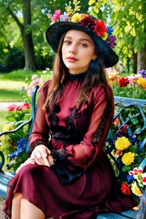 photorealistic, Photograph, A young woman of 20, dressed in a long opaque burgundy dress, wearing a black lace hat and adorned with a variety of colourful flowers. The woman is outside, sitting on a bench enjoying the outdoors in the park