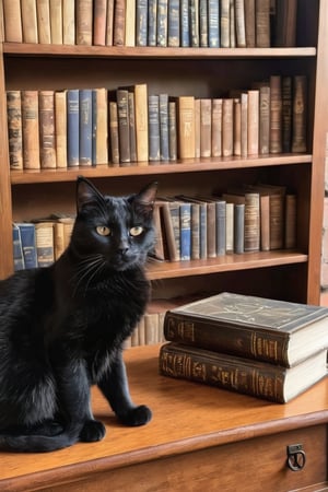 A close-up shot of a sleek black cat beside a small child, its fur glistening in soft golden light, lies nestled beside a vintage leather-bound poetry collection on a worn wooden bookshelf. The cat's paws rest delicately upon the book's spine, as if reading the words within. The bookshelf's rustic wood grain and subtle scratches tell the story of years of love and neglect, while the cat's calm demeanor exudes serenity.