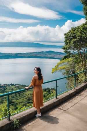 Create a full body shot photo of a young Asian woman enjoying the outdoors overlooking the calm lake in Tagaytay City