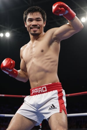 A photorealistic masterpiece captures the triumphant smile of a Filipino man who looks like Manny Pacquiao, as he competes at the 2024 Olympic Games in Paris in hyper-detailed features. The composition showcases his powerful physique, arms flexed and fists clenched, as he stands proudly in the boxing ring, surrounded by a sea of cheering fans. Text on shirt saying "Paris 2024"