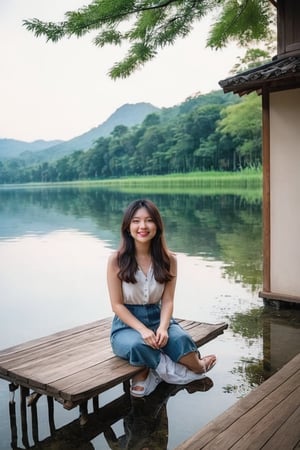 Create a full body shot photo of a young Asian woman enjoying the outdoors in the calm lake