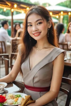 LOW-ANGLE shot of a skinny Beautiful Asian model woman wearing lady bag and long office dress, hair ribbon, shy smiles, casually sitting at the dining table in outdoor restaurant, hands at side,  long brown hair, a crowd of people in background, Extremely Realistic