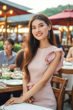 LOW-ANGLE shot of a skinny Beautiful Asian model woman wearing lady bag and long office dress, hair ribbon, shy smiles, casually sitting at the dining table in outdoor restaurant, hands at side,  long brown hair, a crowd of people in background, Extremely Realistic