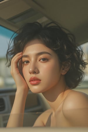 Young woman with dark curly hair, seated in a car, hand resting on her forehead, looking thoughtfully at the camera, projecting a mood of pensive introspection and quiet confidence], [Photographic portrait, film photography style], [Inspired by the work of Ryan McGinley and Larissa Hofmann], [Warm, slightly desaturated color palette; soft, natural lighting; visible film grain and texture; shallow depth of field; focus on the woman's face and eyes; the background is blurred, showing the interior of a car; the overall aesthetic is reminiscent of candid snapshots; slightly underexposed for a moody effect, hubg_beauty_face