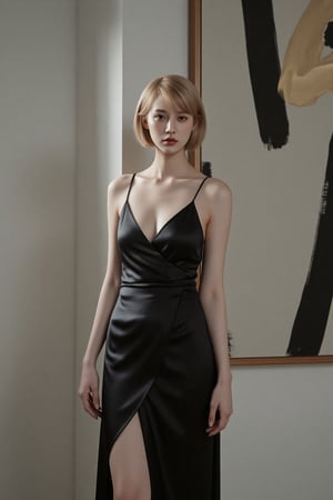 Blonde woman with a bob haircut, wearing a black silk gown with a thigh-high slit, standing confidently against a backdrop of abstract art, projecting an aura of elegance and sophistication], [Fashion photography, high fashion style], [Inspired by the work of Patrick Demarchelier and Steven Meisel], [Soft, natural light illuminating the subject; smooth, luxurious textures of silk; a minimalist background with a black and gold abstract painting; focus on the model's pose and the details of the gown; high resolution; the color palette is predominantly black, white, and gold; a slight sheen on the silk dress; the overall mood is chic and modern, hubg_beauty_face