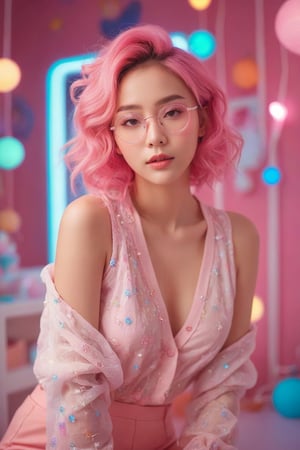 (masterpiece, cinematic, dynamic light & pose, ethereal quality, vibrant lighting, neon illuminated, colorful), MagMix Girl, BREAK, A cheerful girl in a pink-themed outfit, surrounded by a pastel pink room filled with cute decorations, her pink hair styled in short curls, round glasses