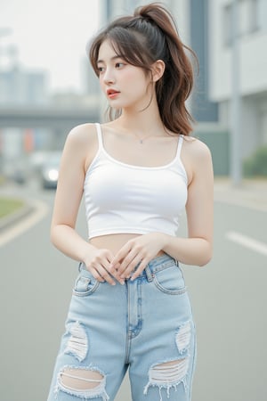 Young woman with long brown hair in a high ponytail, wearing a white crop top and light blue ripped jeans, standing confidently on a road, projecting a casual yet stylish mood], [Fashion photography, street style], [Inspired by the work of Lee Jihye and Choi Seong-min], [Natural daylight; soft, diffused lighting; focus on the model; shallow depth of field blurring the background; the background is a slightly blurred street scene; the color palette is light and airy; the jeans have visible rips and distressing; the overall mood is fresh and youthful; high resolution, hubg_beauty_face