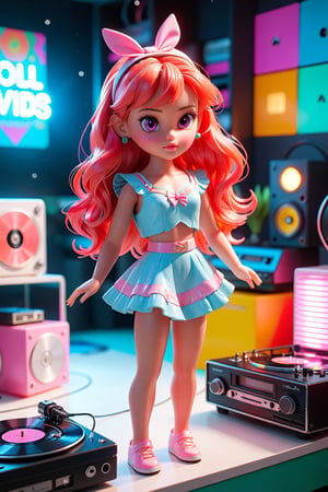 (masterpiece, 3d, doll model, plastic body, tiny cute, digital art, dynamic light & pose, ethereal quality, extremely detailed, vibrant lighting, colorful, light particles), A retro-themed idol inspired by the 1980s, wearing vintage clothing with bold patterns, large hair accessories, and bright makeup. She stands in a neon-lit room with vinyl records and old-school electronics
