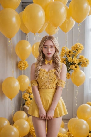 (masterpiece, cinematic, photorealistic, realistic details, dynamic light & pose, high quality, warm lighting), More Reasonable Details, hubggirl, BREAK, blonde hair, A bright and cheerful girl in a yellow-themed outfit, standing in a room decorated with yellow accents, yellow flowers all around her, (fancy glasses and balloon yellow color theme), LED lighting, warm lights.